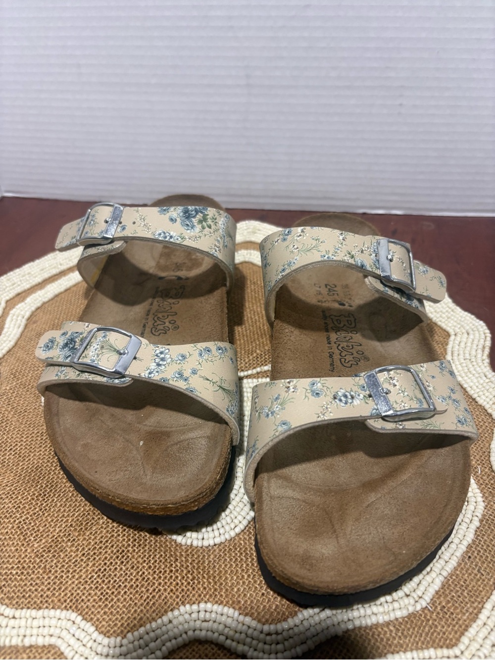 Birkenstock Cream Floral Double-Strap Sandals with Silver Buckles
